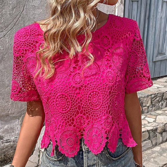 Pink Womens Hollow Out Scallop Trim Guipure Lace Blouse - Picture 3 of 6